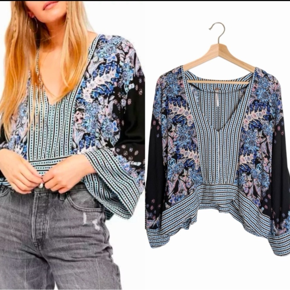 🌸 Free People Mix N Match Floral + Stripe V-Neck Blouse | Boho Chic- size small